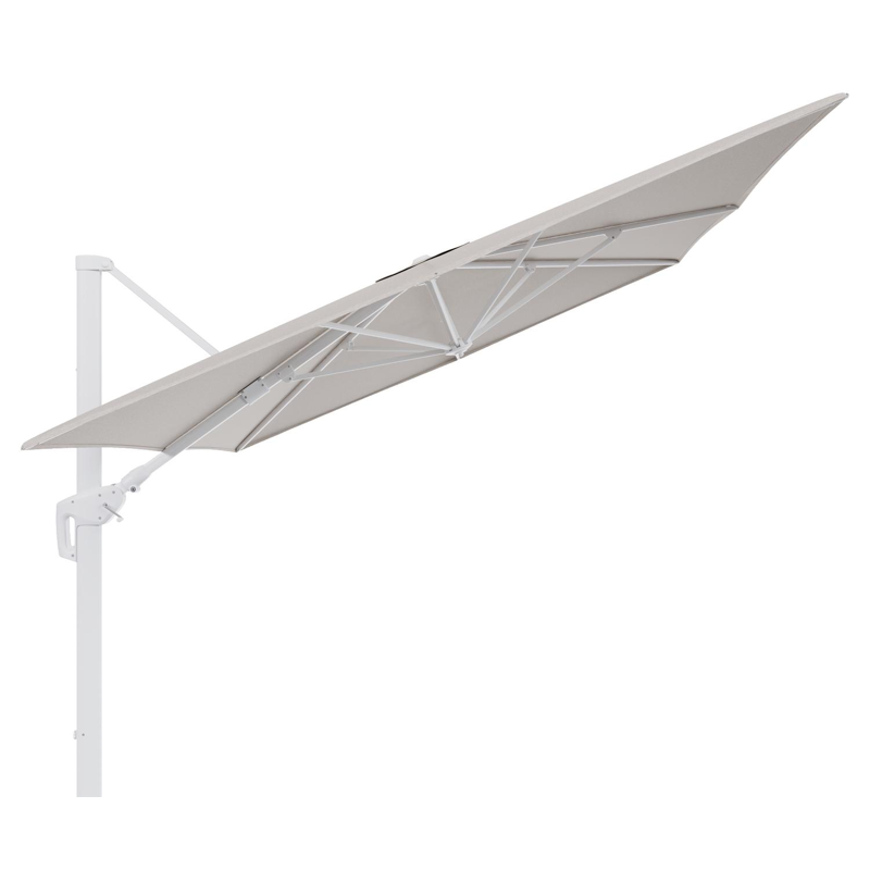 Minore zweefparasol tiltfunctie in wit aluminium en parasoldoek in All Weather Sunbrella® Luxe Slow Farafra - L1 400 x L2 300 cm (zonder voet)