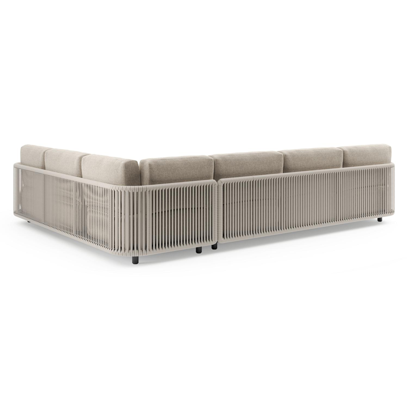 Organo loungehoek in zwart aluminium en beige verticaal geweven luxe vlakke rope met chartres pewter all weather Sunbrella® luxe kussen