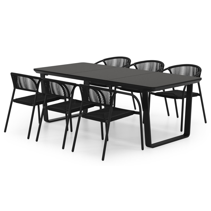 Alora tuinset in zwart aluminium en zwart sintered stone met 6 stapelbare Melo tuinstoelen