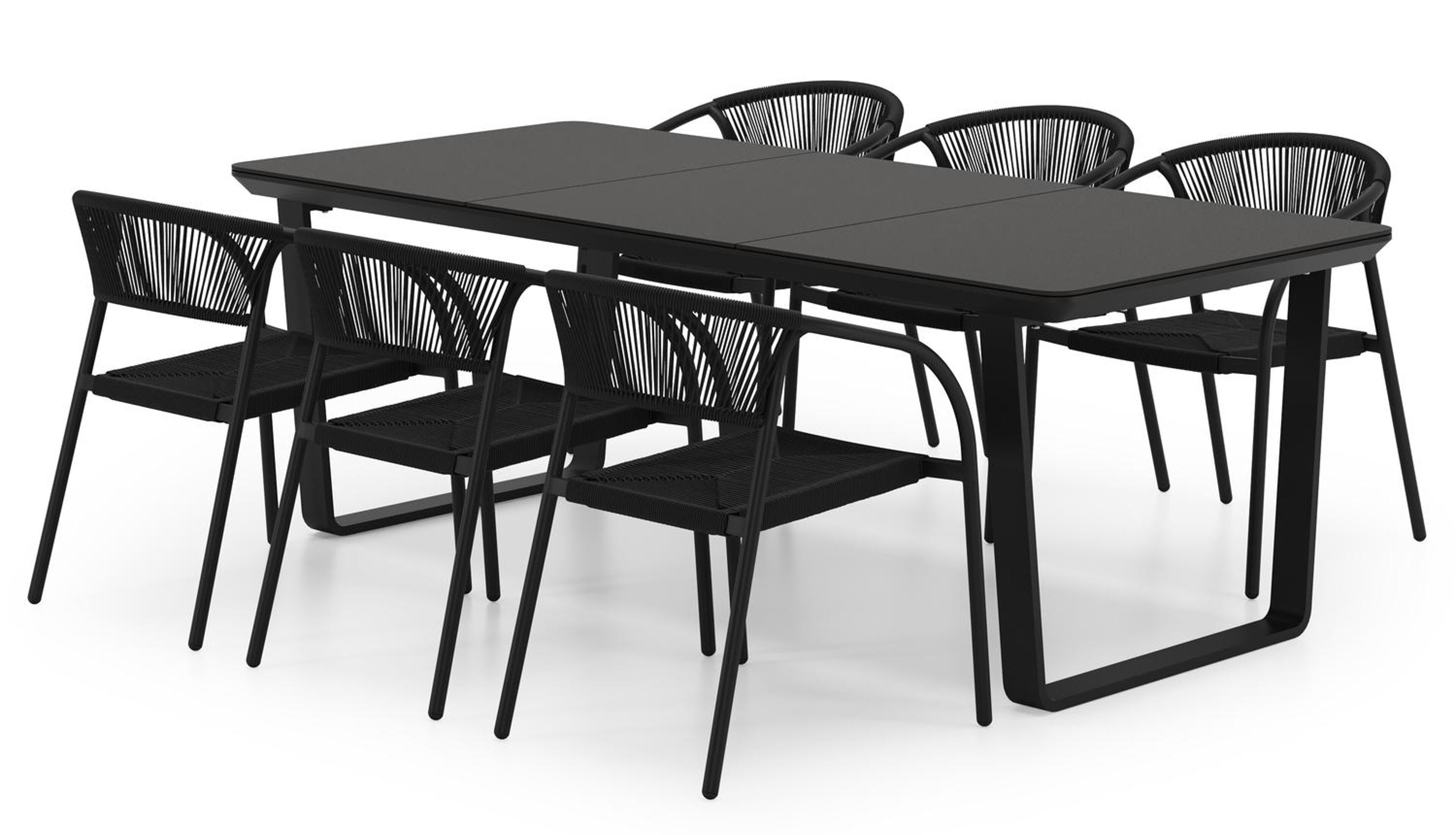 Alora tuinset in zwart aluminium en zwart sintered stone met 6 stapelbare Melo tuinstoelen