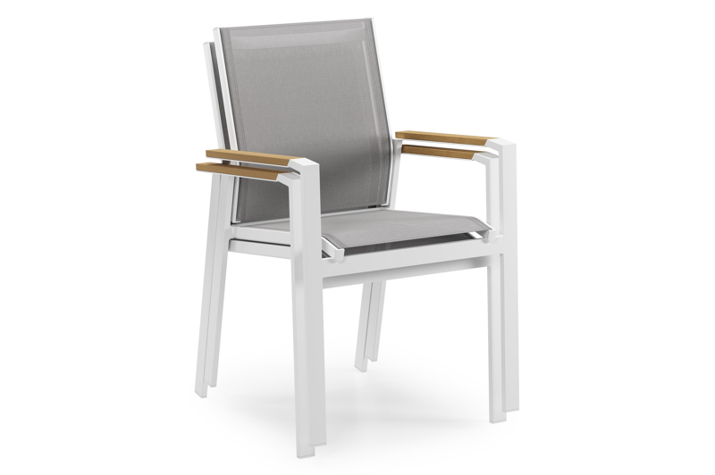 Bahia tuinset in wit aluminium en polywood tafelblad met 6 stapelbare Bahia tuinstoelen