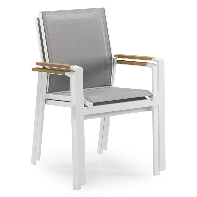 Tora tuinset in wit aluminium en naturel polywood tafelblad met 4 stapelbare Bahia tuinstoelen