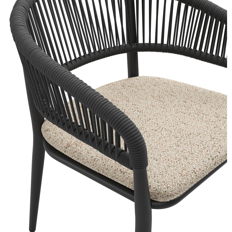 Tolfa stapelbare tuinstoel in zwart aluminium en zwart verticaal geweven ronde rope met stoelkussen in All Weather Cosytica Bora Jungle