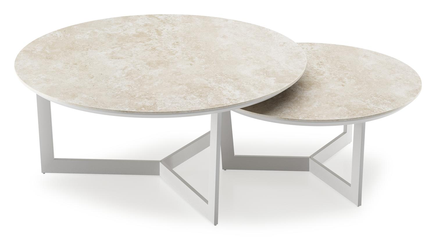 Ensemble de 2 tables de basses Lacrima ronde en aluminium blanc et céramique pleine Rapolano - Diam. 85/65 x Haut. 35/30 cm