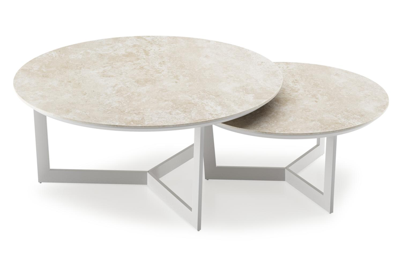Ensemble de 2 tables de basses Lacrima ronde en aluminium blanc et céramique pleine Rapolano - Diam. 85/65 x Haut. 35/30 cm