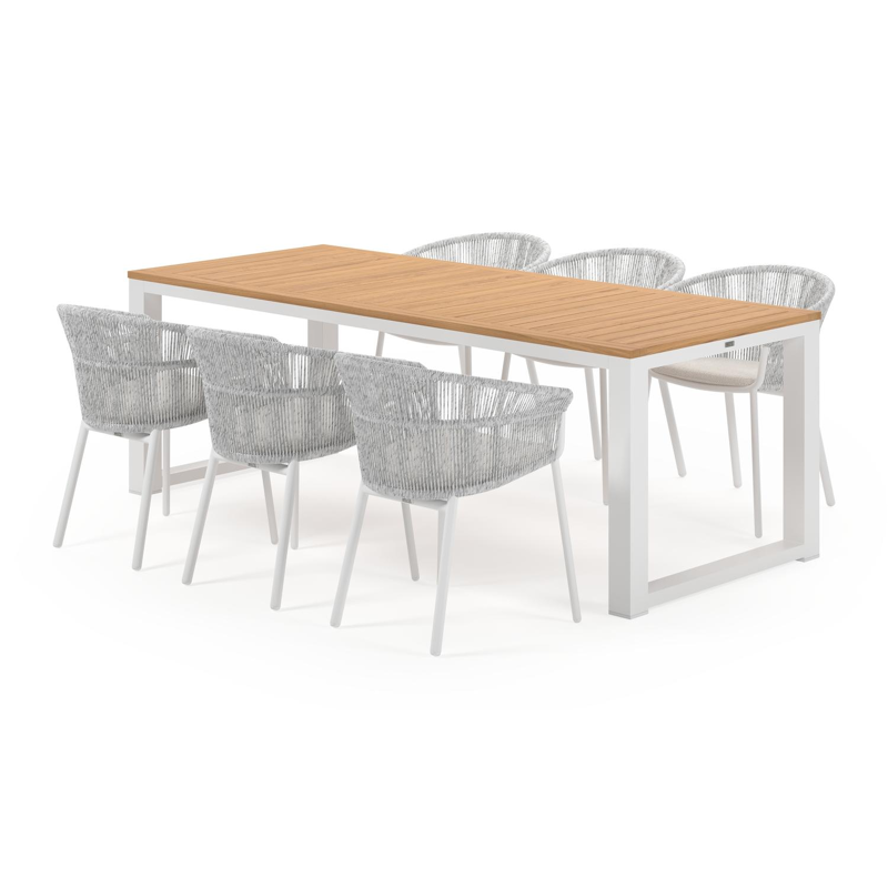 Livo tuinset in wit aluminium en natural finish teak tafelblad met 6 stapelbare Matera tuinstoelen