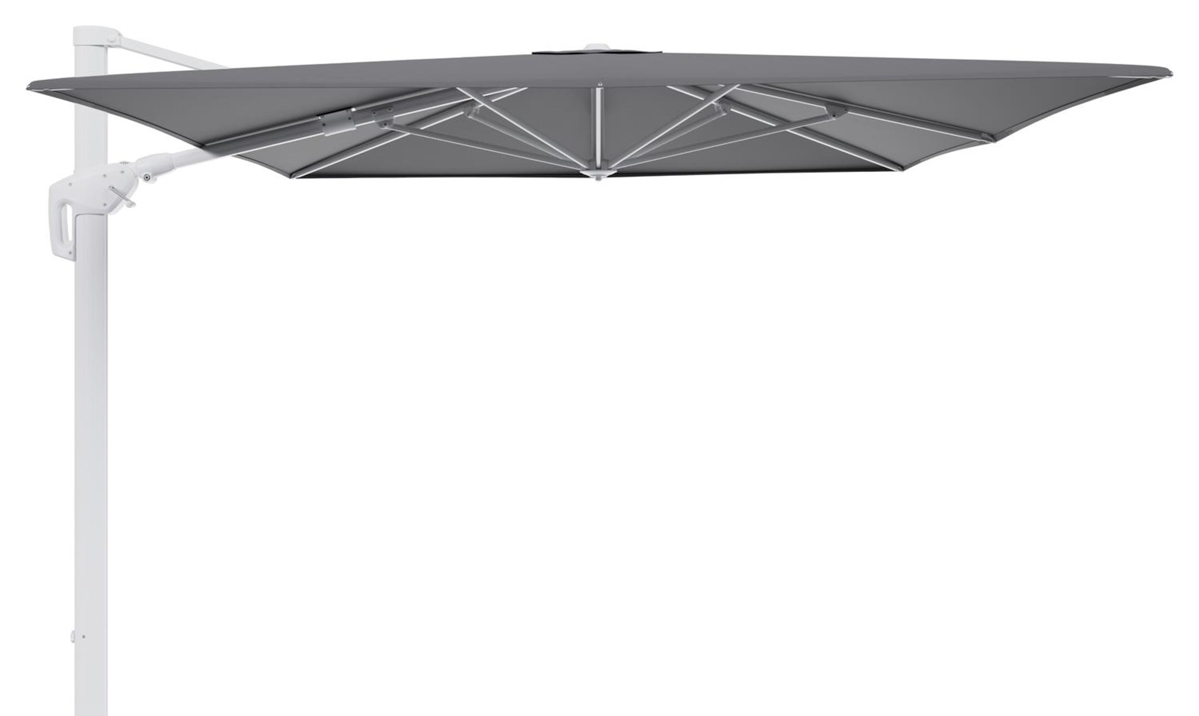 Minore zweefparasol tiltfunctie in wit aluminium en parasoldoek in All Weather Sunbrella® Luxe Natte Charcoal Chine  - L1 400 x L2 300 cm (zonder voet)