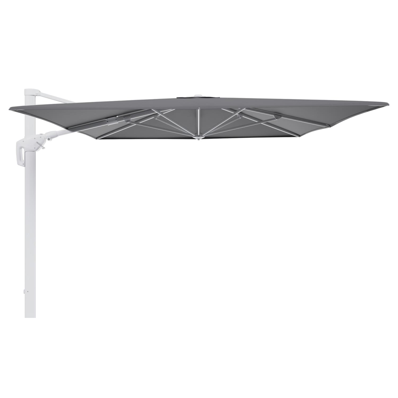 Minore zweefparasol tiltfunctie in wit aluminium en parasoldoek in All Weather Sunbrella® Luxe Natte Charcoal Chine - L1 400 x L2 300 cm (zonder voet)