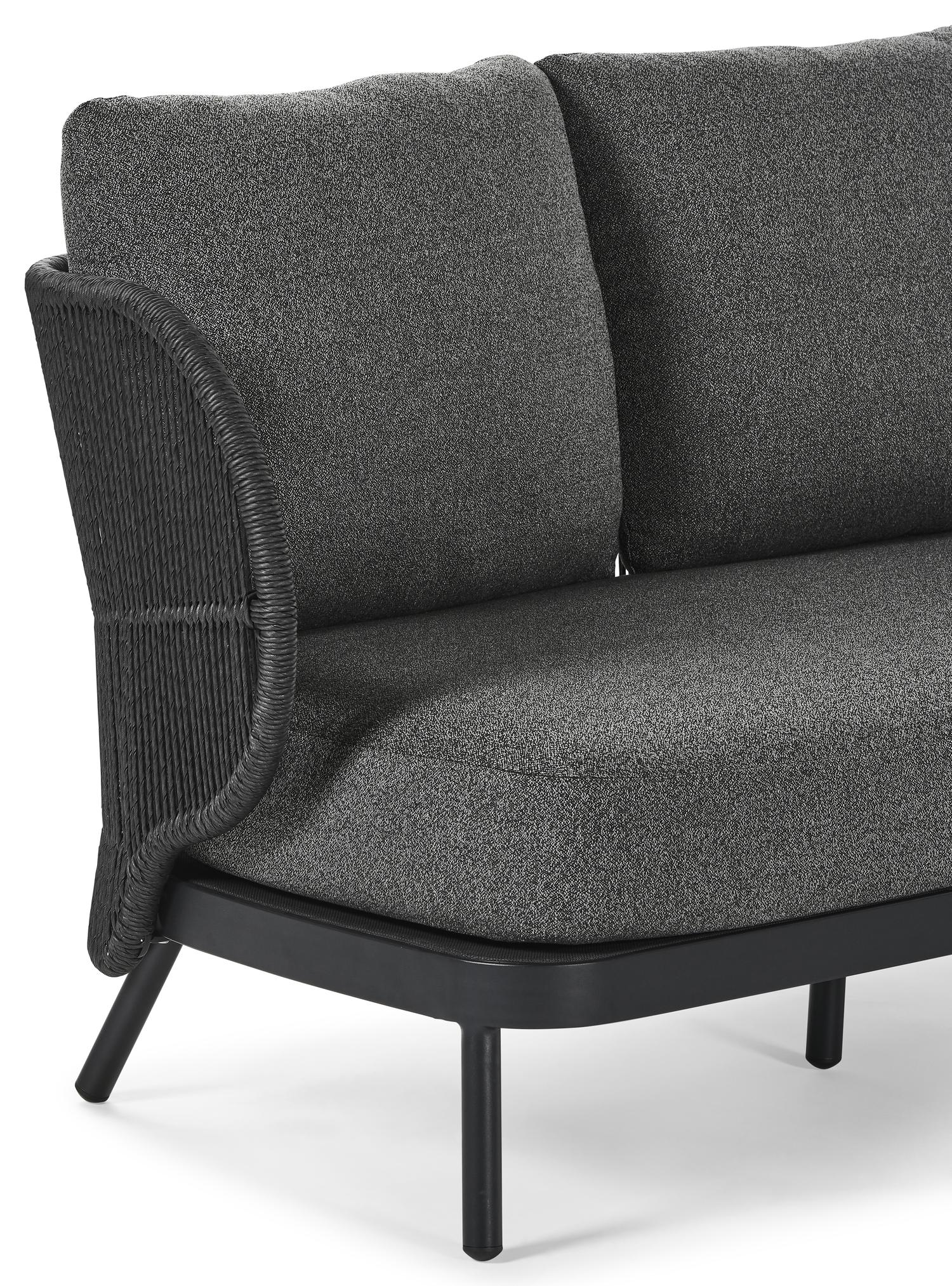 Lugano loungeset in zwart aluminium en zwart gedraaide ronde wicker met catania black all weather cosytica kussens