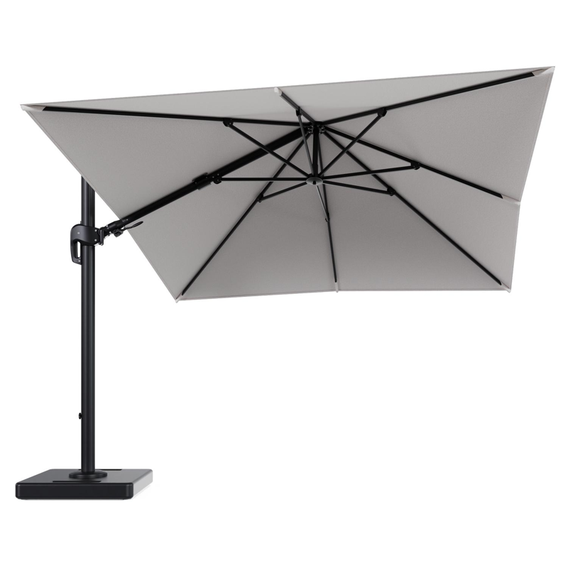 Parasol pendant Rufina avec fonction tilt en aluminium noir et toile de parasol en All Weather Solica Ego Eggshell - Lg.1 300 x Lg.2 300 cm avec pied de parasol Lapido 160 kg