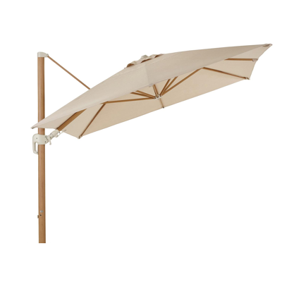 Parasol pendant Rufina avec fonction tilt en aspect de bois avec toile de parasol en all weather sunbrella® premium beige - Lg.1 400 x Lg.2 300 cm (sans pied de parasol)