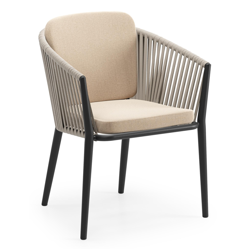 Chaise de jardin Orso en aluminium noir et corde plate tissée verticalement beige avec coussin en All Weather Sunbrella® Luxe Natte Heather Beige