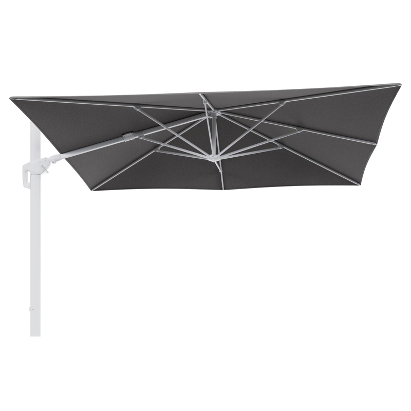 Minore zweefparasol tiltfunctie in wit aluminium en parasoldoek in All Weather Sunbrella® Luxe Chartres Drizzle - L1 280 x L2: 370 cm (zonder voet)
