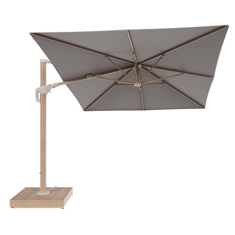 Minore zweefparasol met tiltfunctie in houtlook aluminium en Wander Granite All Weather Sunbrella® Luxe parasoldoek - L1 400 x L2 300 cm met parasolvoet Minore 260 kg met wielen