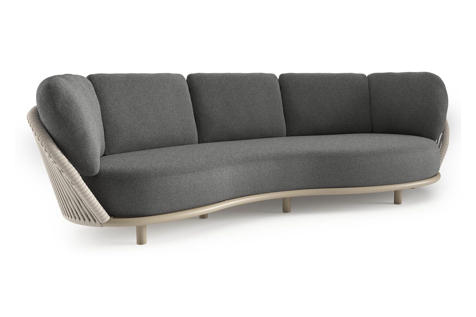 Lupino loungebank in beige aluminium en beige verticaal geweven luxe vlakke brede rope met catania black all weather cosytica kussen