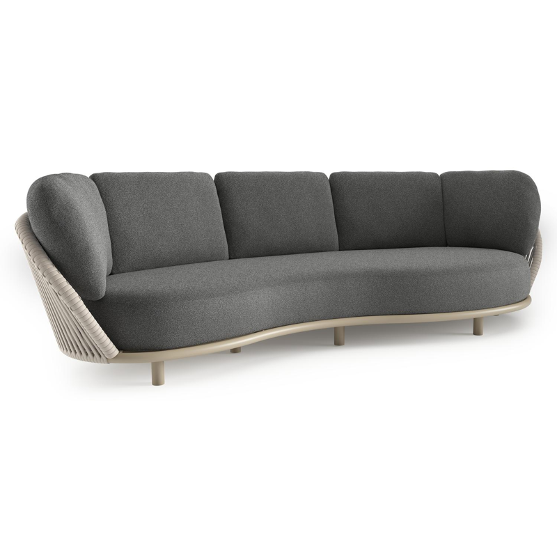 Lupino loungebank in beige aluminium en beige verticaal geweven luxe vlakke brede rope met catania black all weather cosytica kussen