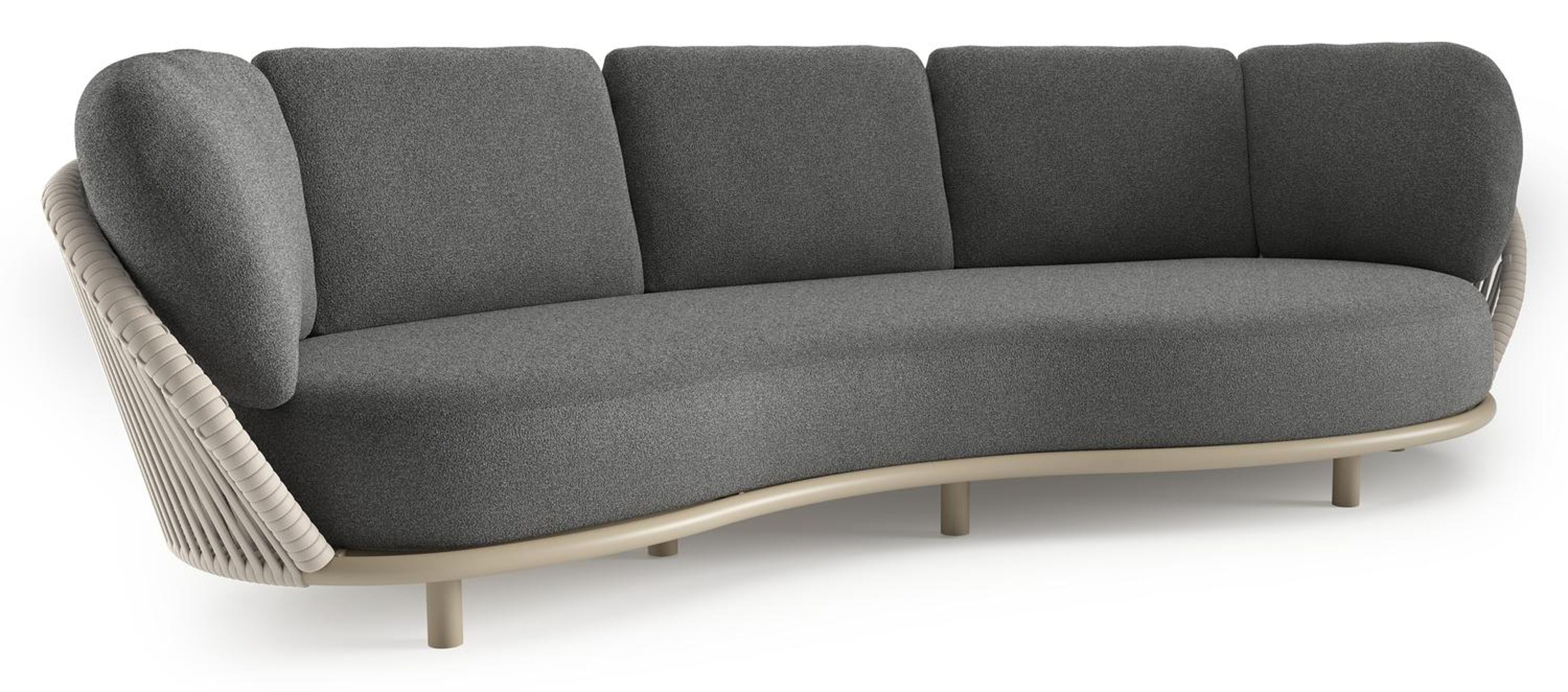 Canapé de jardin Lupino en aluminium beige et corde large plate de luxe tissée verticalement beige et coussins en all weather cosytica catania black