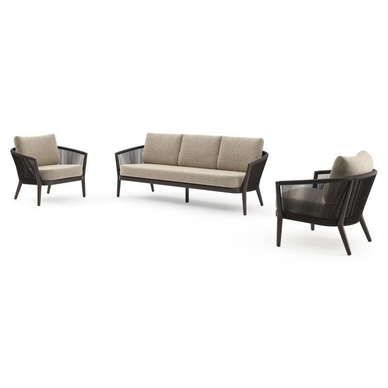 Orso loungeset in donkerbruin aluminium en donkerbruin verticaal geweven ronde rope met Bora Jungle all weather cosytica kussen