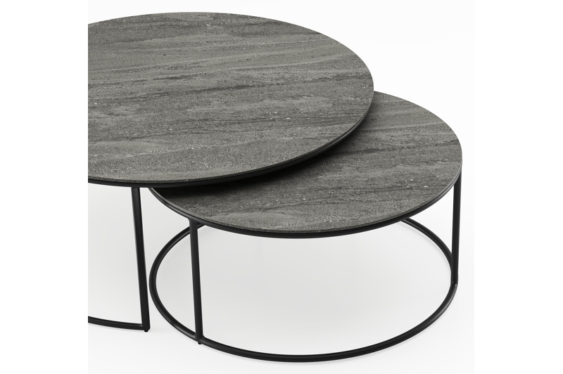 Tables basse Fano en aluminium noir et céramique pleine aspen grey - Dia. 85/65 X H 35/30 cm