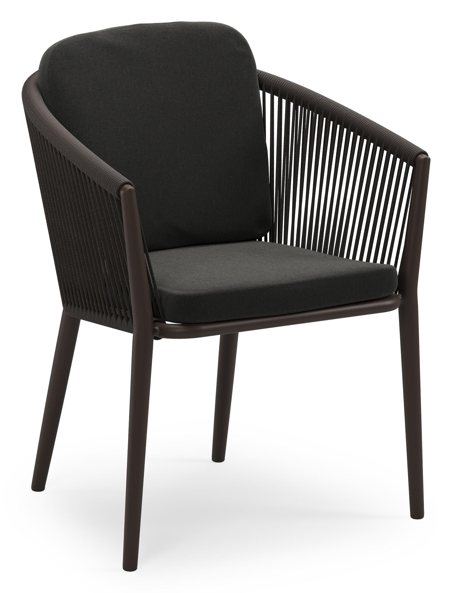 Orso stapelbare tuinstoel in donkerbruin aluminium en donkerbruin verticaal geweven ronde rope met stoelkussen in All Weather Sunbrella® Luxe Natte Sooty