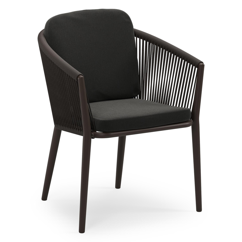 Chaise de jardin empilable Orso en aluminium brun foncé et corde ronde tissée verticalement brun foncé avec coussin en All Weather Sunbrella® Luxe Natte Sooty