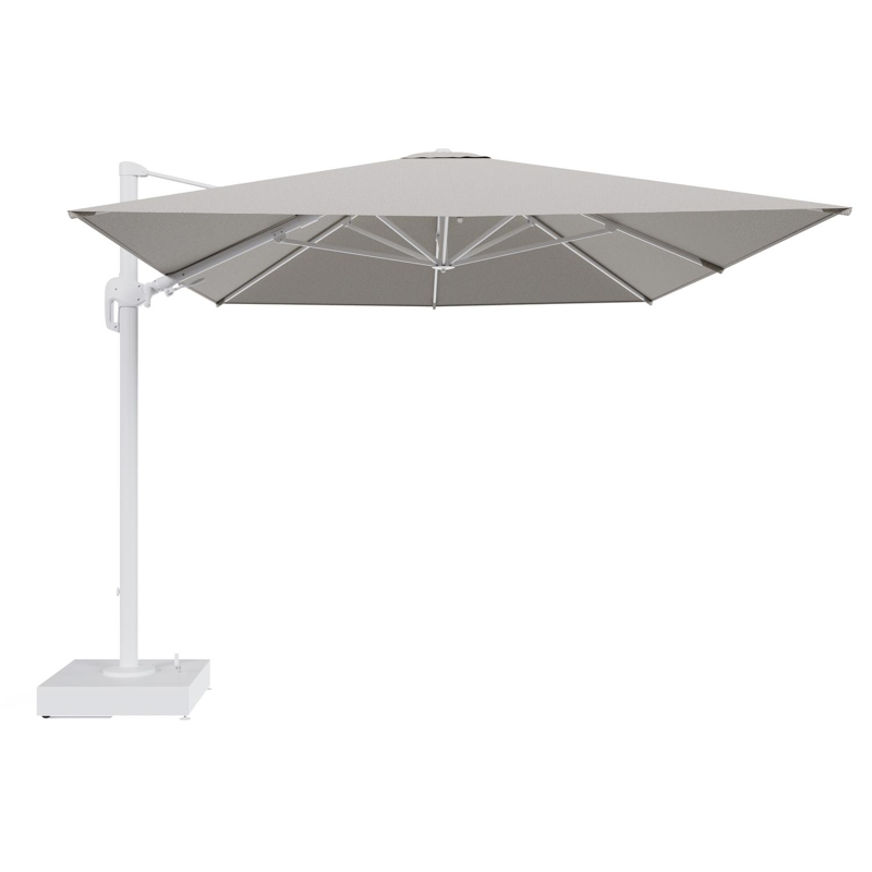 Rufina zweefparasol met tiltfunctie in wit aluminium en Firenze Sand All Weather Solica parasoldoek - L1 400 x L2 300 cm met parasolvoet Minore 150 kg met wielen