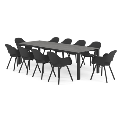 Ensemble de jardin Trente en aluminium noir avec plateau de table en céramique pleine gris et 10 chaises de jardin Artena