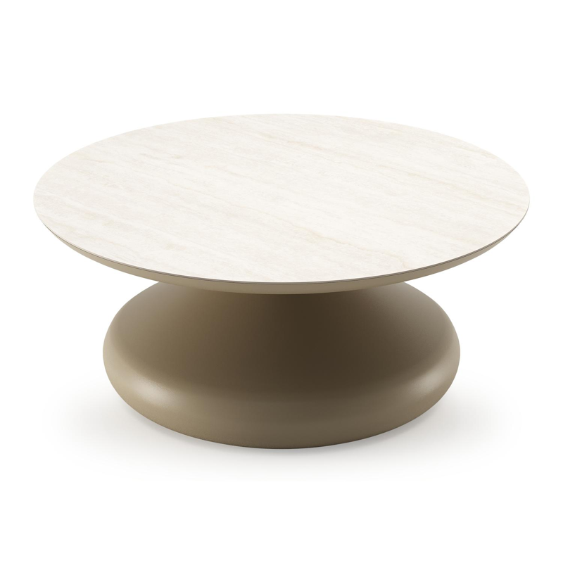 Bomero loungetafel rond in beige aluminium en volkeramiek Travertino Bianco - Dia. 84 x H 32.2 cm