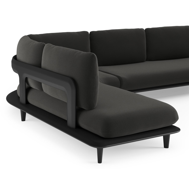 Salon de jardin d'angle Bomero en aluminium noir et coussins en all weather sunbrella® luxe natte sooty