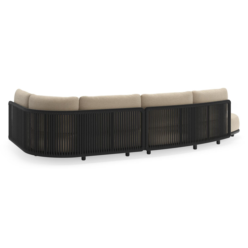 Salon de jardin d'angle Lomano en aluminium noir et corde luxe plate tissée verticalement noir et coussins en all weather cosytica althea chalk