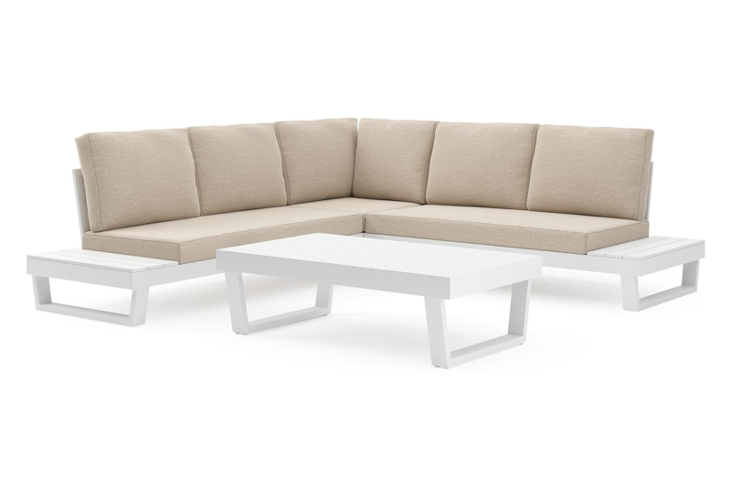 Modica loungehoek in wit aluminium met rustic weather+ softtouch kussens en loungetafel