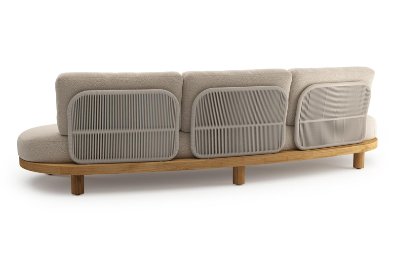 Donato loungebank in teak en beige verticaal geweven ronde rope met all weather sunbrella® luxe Lopi Sand kussen