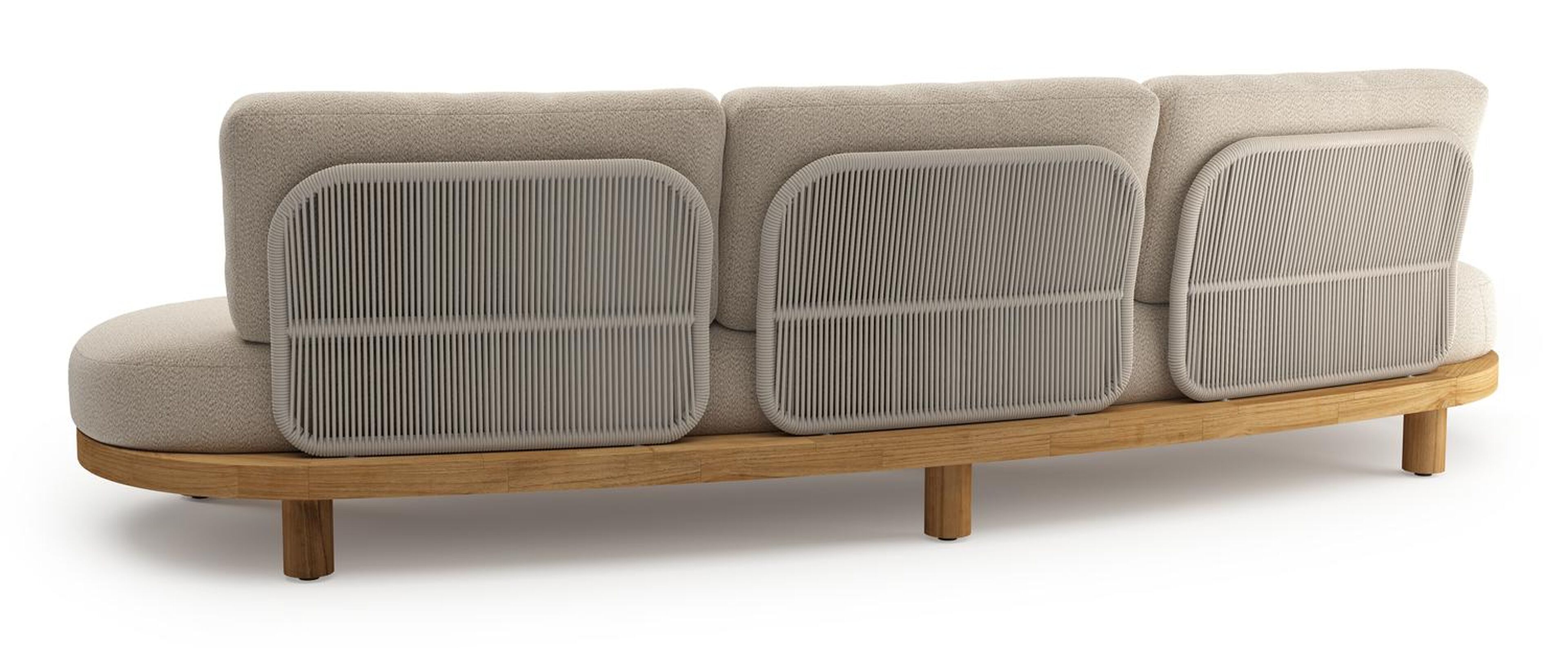 Canapé de jardin Donato en teck et corde ronde tissée verticalement beige et coussins en all weather sunbrella® luxe Lopi Sand