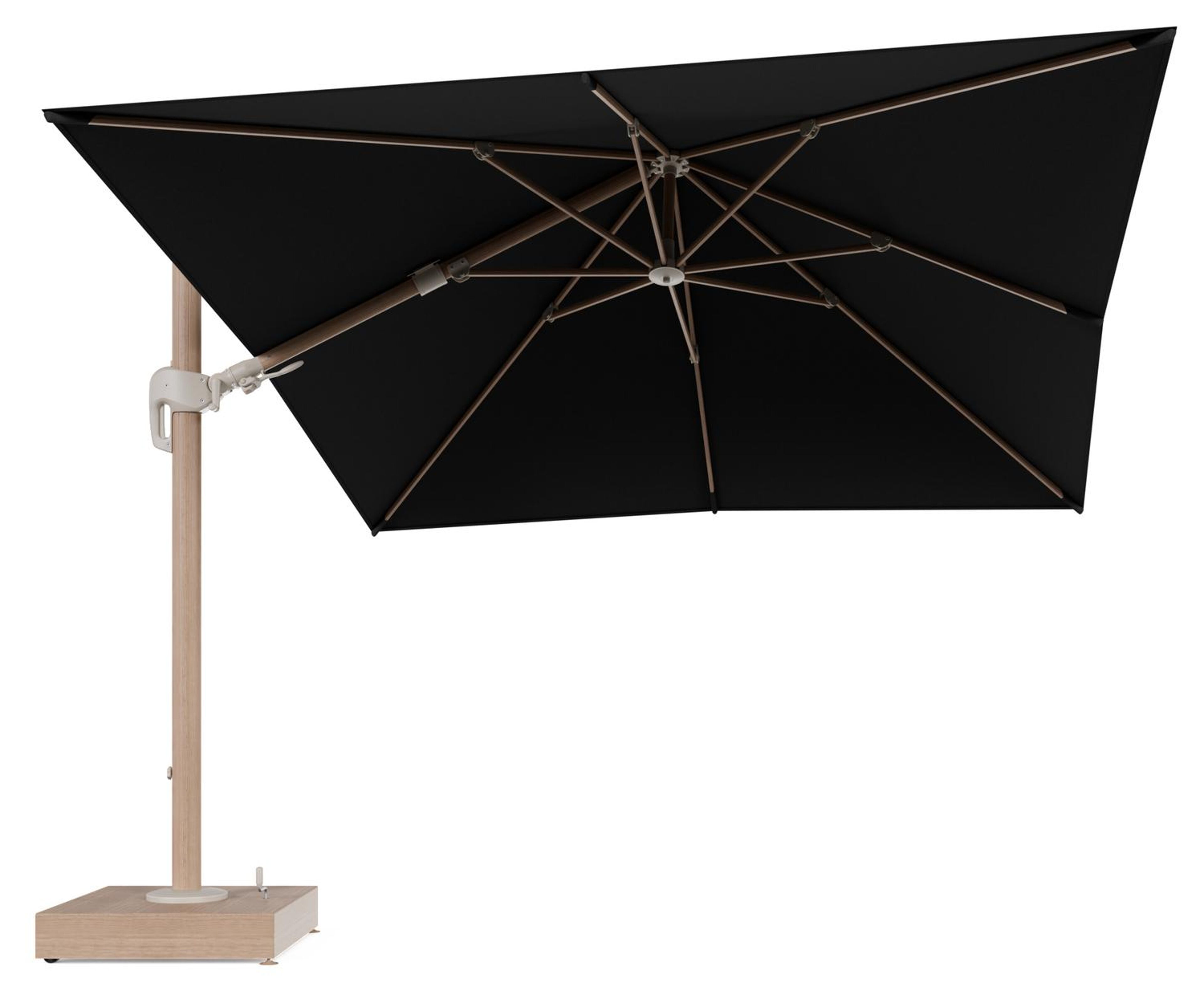 Rufina zweefparasol met tiltfunctie in houtlook aluminium en Natte Sooty All Weather Sunbrella® Luxe parasoldoek - L1 300 x L2 300 cm met parasolvoet Minore 150 kg met wielen