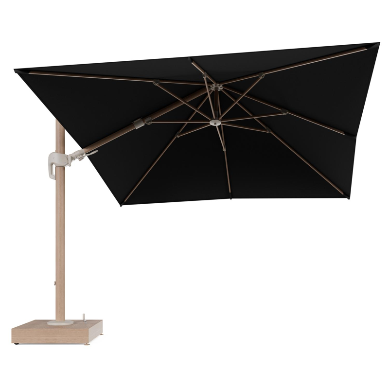 Rufina zweefparasol met tiltfunctie in houtlook aluminium en Natte Sooty All Weather Sunbrella® Luxe parasoldoek - L1 300 x L2 300 cm met parasolvoet Minore 150 kg met wielen
