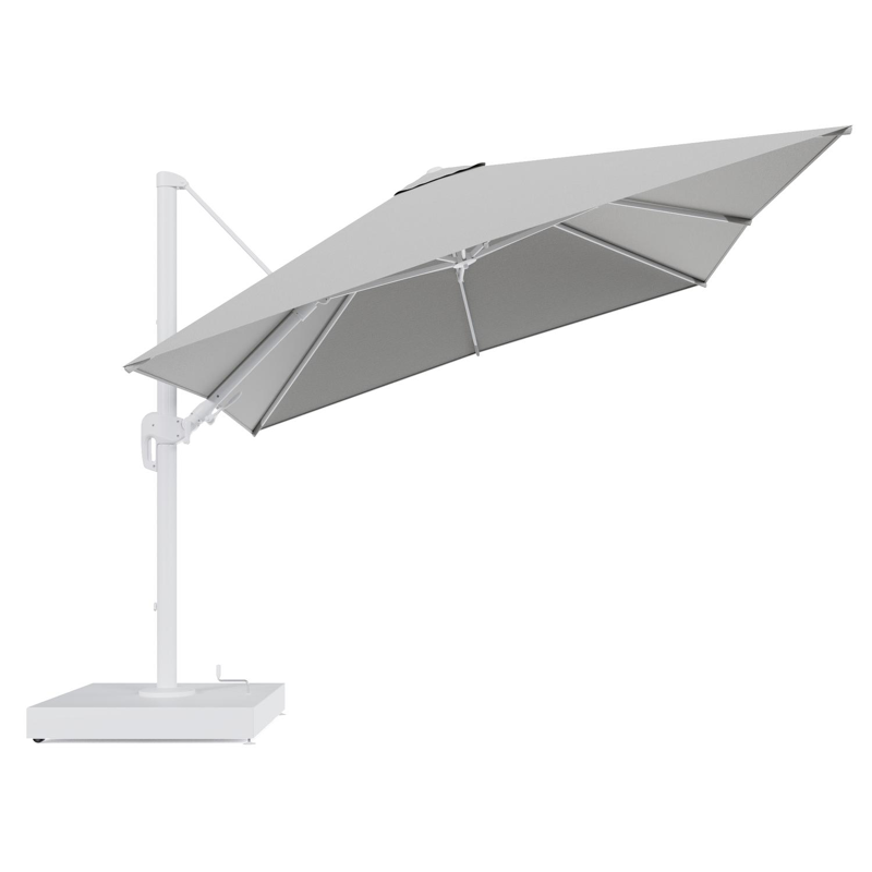 Rufina zweefparasol met tiltfunctie in wit aluminium en Savane Nimbus All Weather Sunbrella® Luxe parasoldoek - L1 300 x L2 300 cm met parasolvoet Minore 260 kg met wielen