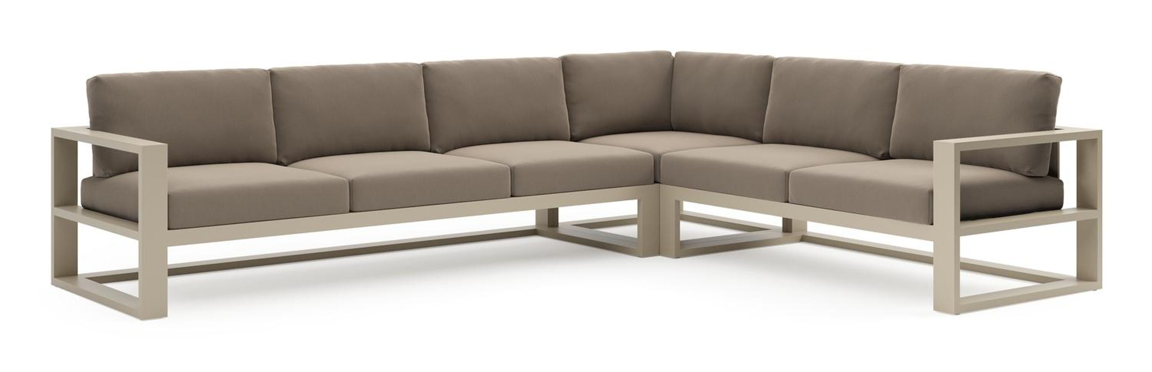 Salon de jardin d'angle Verato en aluminium beige et coussins en all weather sunbrella® luxe natte heather grey