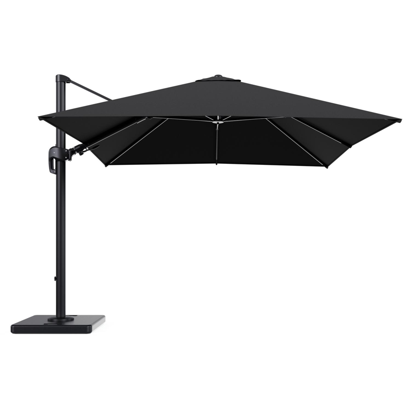 Rufina zweefparasol tiltfunctie in zwart aluminium en parasoldoek in All Weather Sunbrella® Luxe Natte Sooty - L1 300 x L2 300 cm met parasolvoet Lapido 120 kg