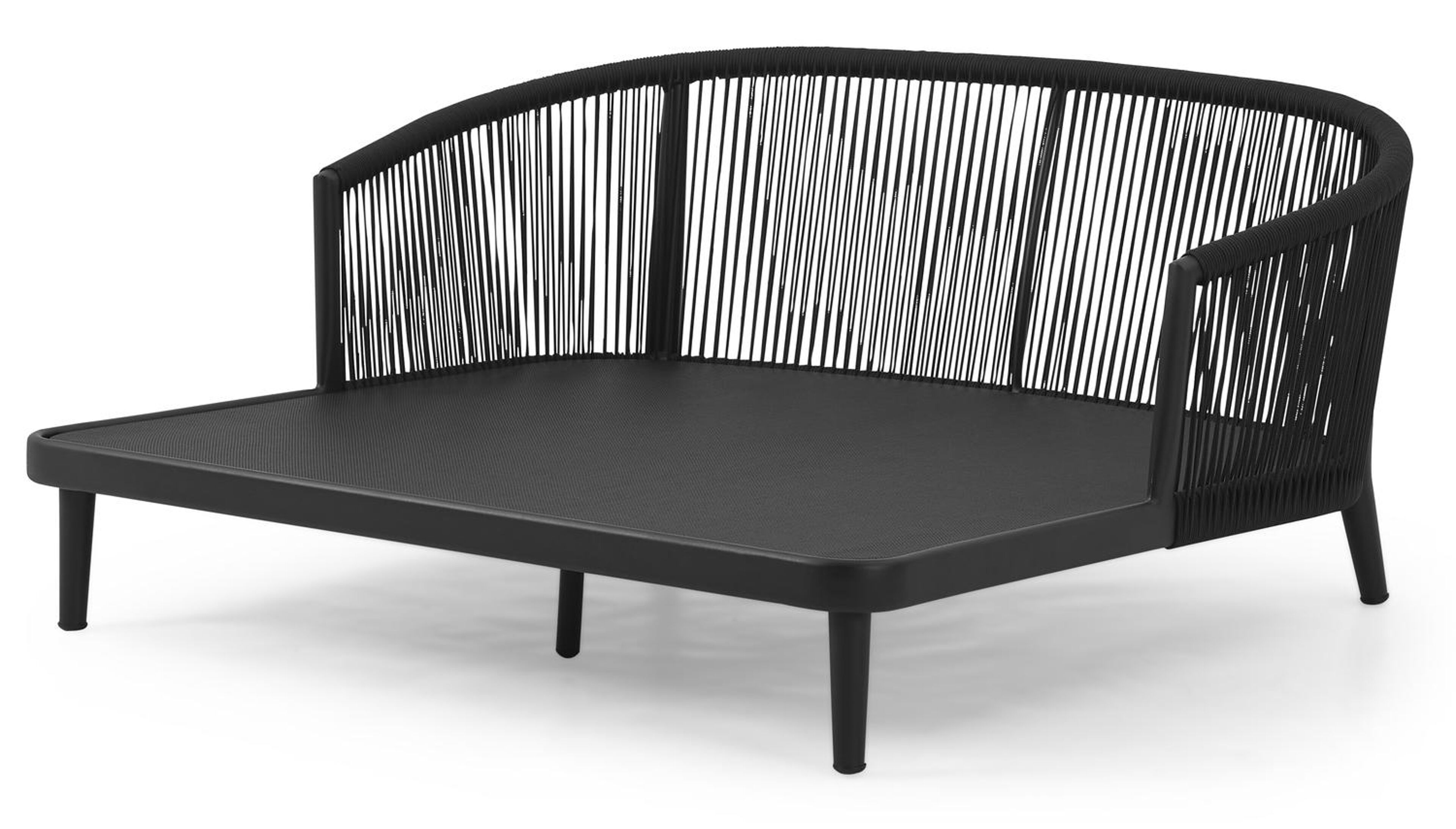 Chaise longue Orso en aluminium noir et corde ronde tissée verticalement noir avec coussin en All Weather Sunbrella® luxe savane tornado avec noir aluminium table d'appoint