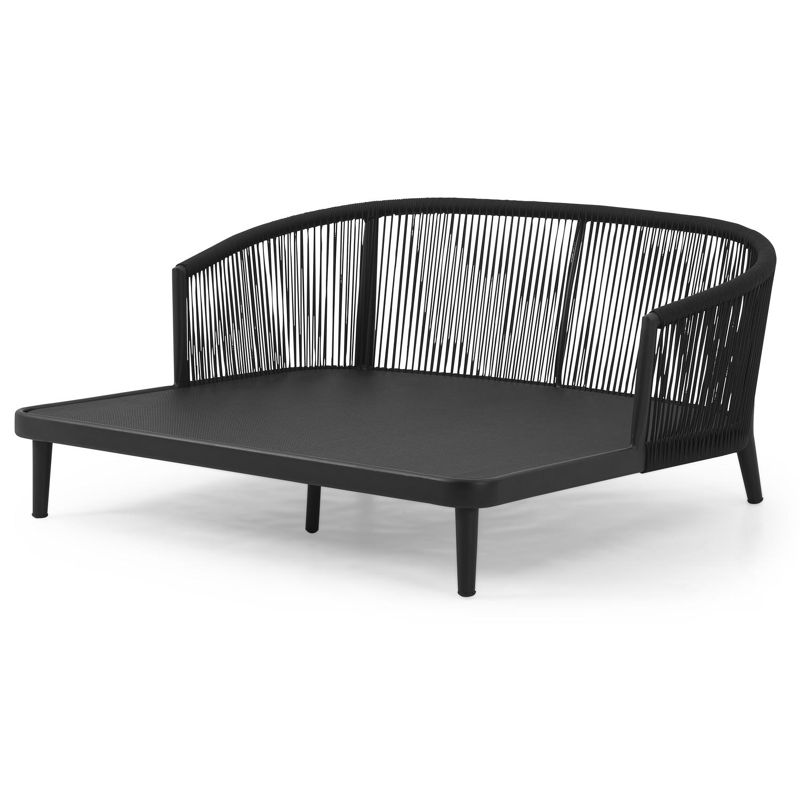 Orso dubbel ligbed in zwart aluminium en zwart verticaal geweven rope met savane tornado all weather sunbrella® luxe kussens met zwart aluminium bijzettafel