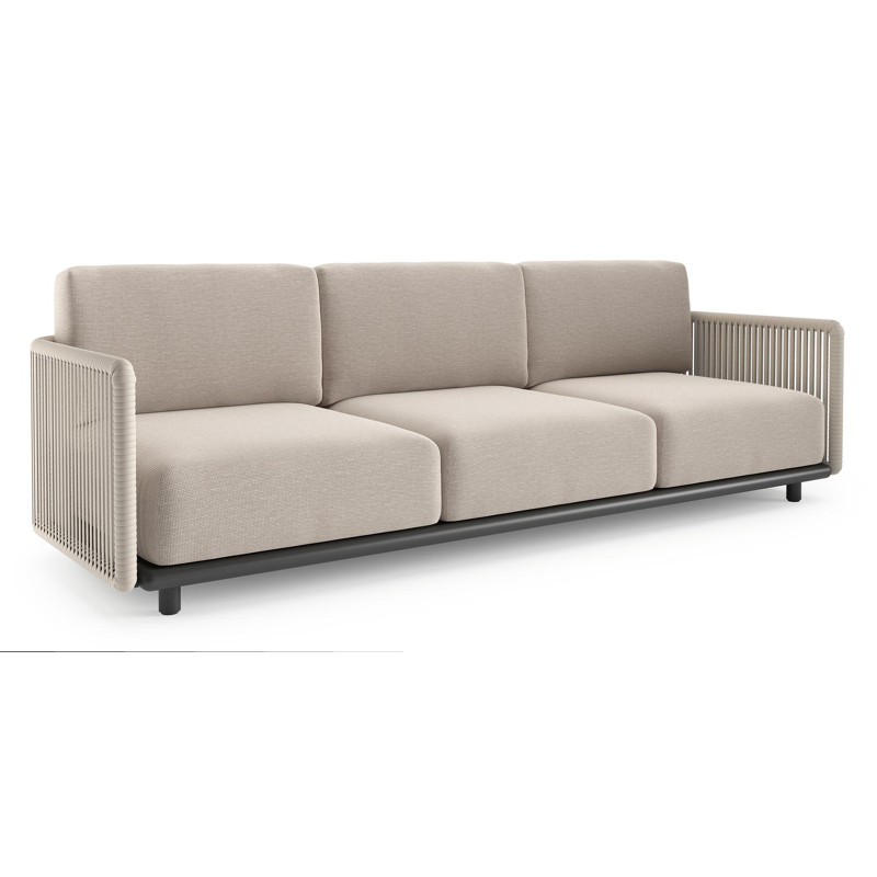 Canapé de jardin Organo en aluminium noir et corde luxe plate tissée verticalement beige et coussin en all weather Sunbrella® luxe slow farafra