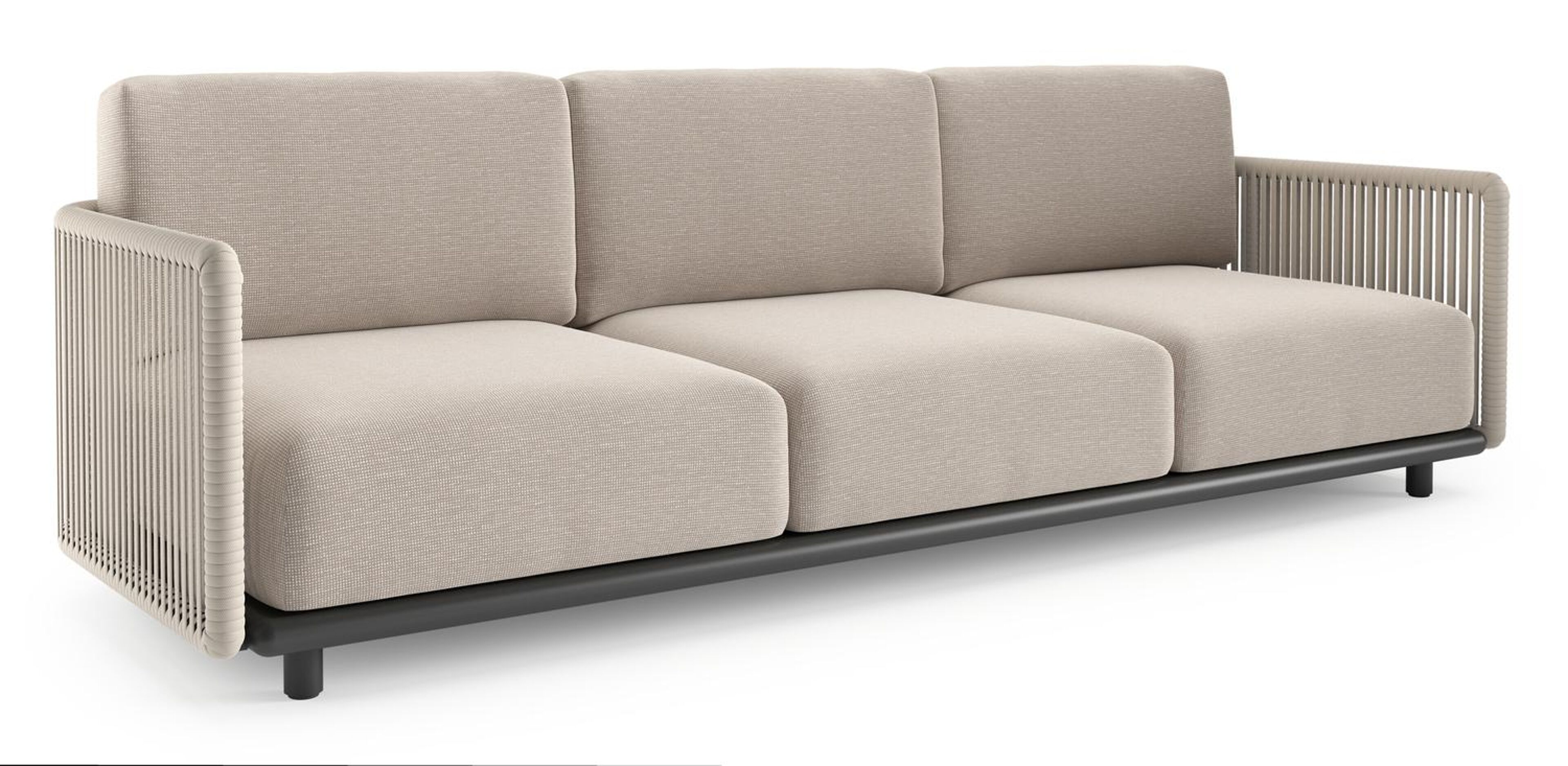 Canapé de jardin Organo en aluminium noir et corde luxe plate tissée verticalement beige et coussin en all weather Sunbrella® luxe slow farafra