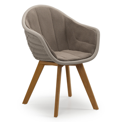 Pagino tuinstoel in teak en beige verticaal geweven ronde rope met zitkussen in All Weather Sunbrella® Luxe Lopi Coconut