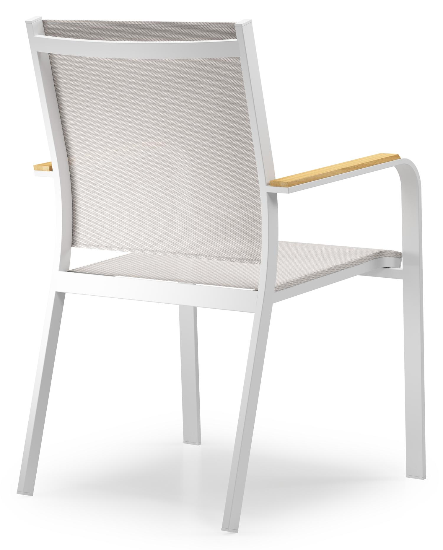 Amalfi tuinstoel in wit aluminium en beige single textileen en teak armleuning