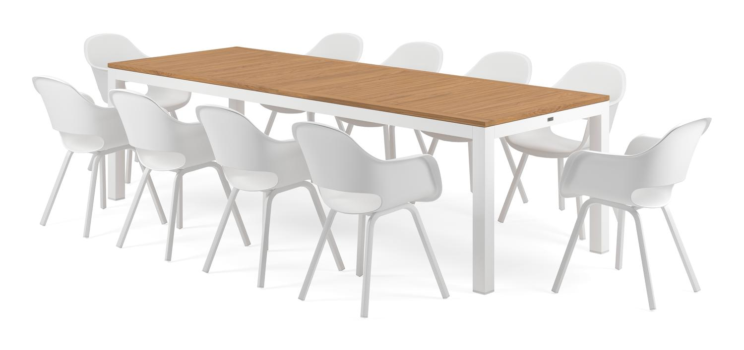 Varese tuinset in wit aluminium en naturel teak tafelblad met 10 Artena tuinstoelen