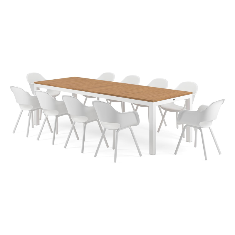 Varese tuinset in wit aluminium en naturel teak tafelblad met 10 Artena tuinstoelen
