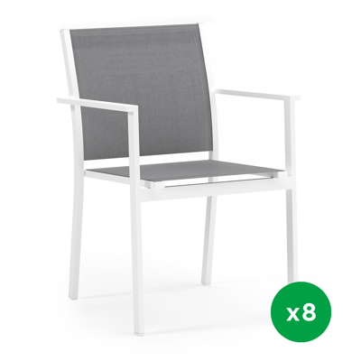 Set van 8 Bareto stapelbare tuinstoelen in wit aluminium en textilene