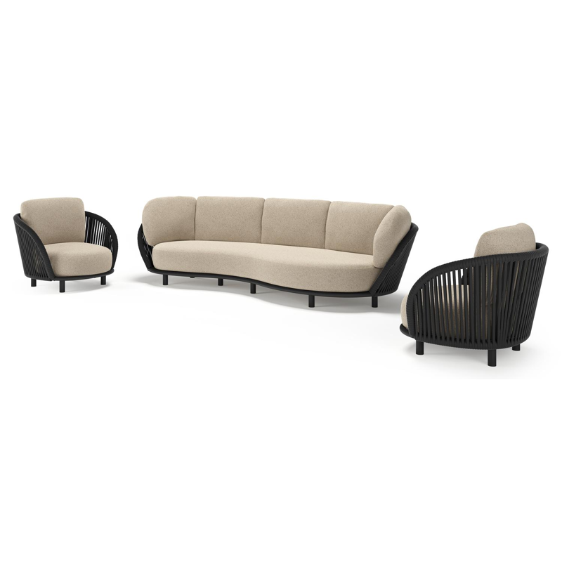 Lupino loungeset in zwart aluminium en zwart verticaal geweven luxe vlakke brede rope met bora desert all weather cosytica kussen