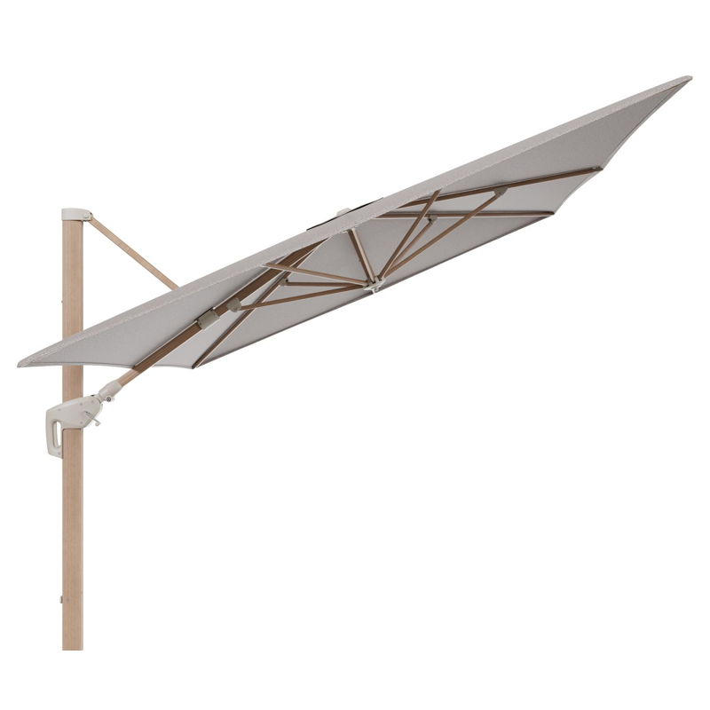 Minore zweefparasol met tiltfunctie in houtlook aluminium en Wander Granite All Weather Sunbrella® Luxe parasoldoek - L1 400 x L2 300 cm (zonder voet)