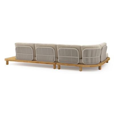 Donato loungehoek in teak en beige verticaal geweven ronde rope met all weather cosytica Althea Chalk kussen